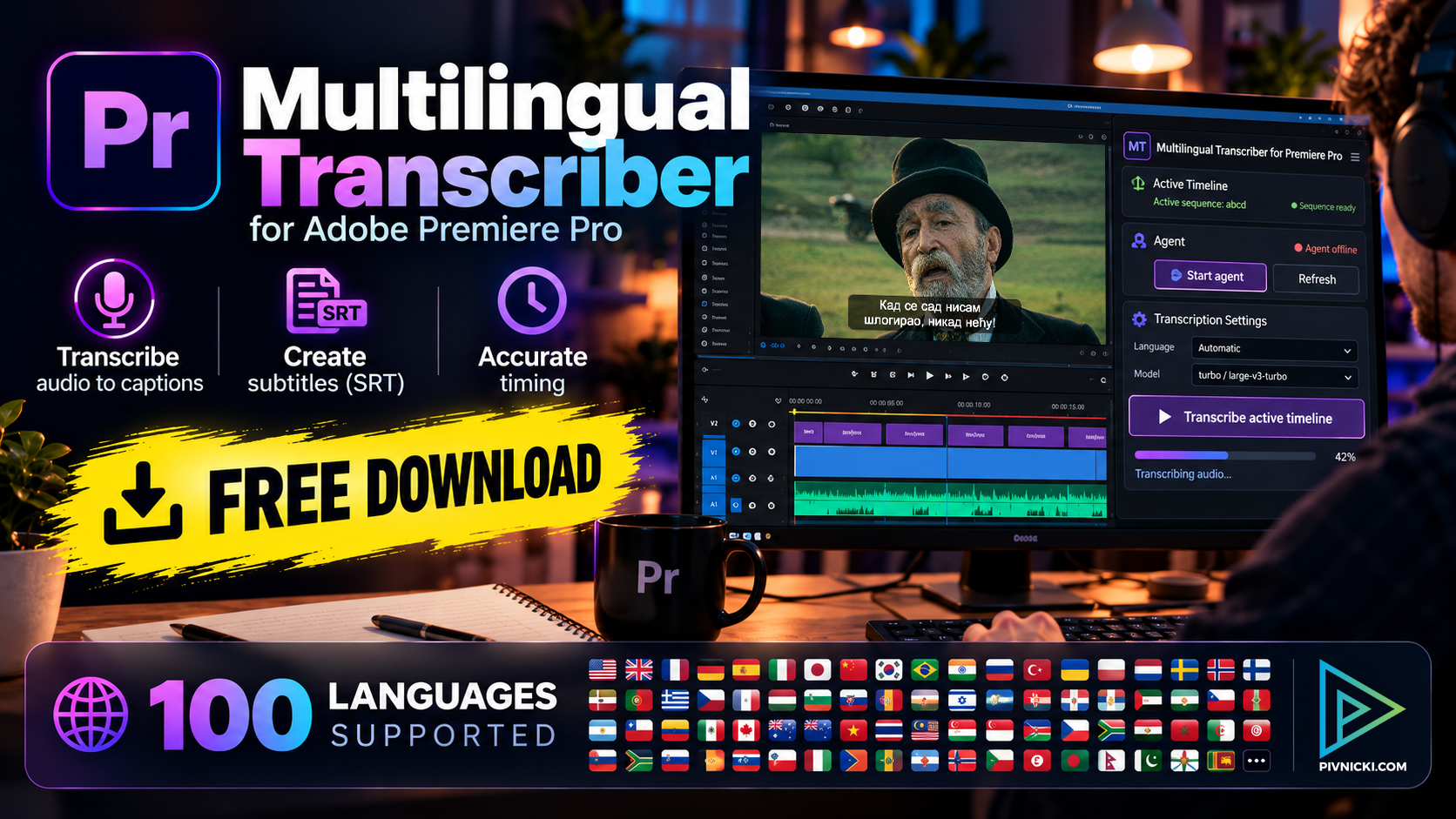 multilingual-transcriber Multilingual Transcriber for Premiere Pro promotional graphic showing subtitles, the extension panel and 100 supported languages
